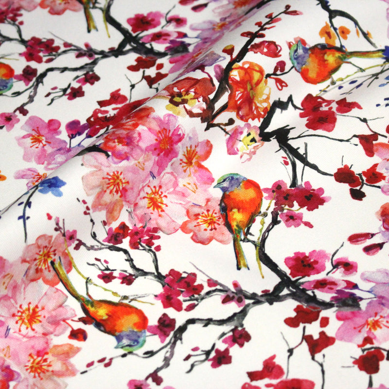 Tissu gabardine coton imprimée GUNMA jardin japonais, oiseaux et fleurs de cerisier - OEKO - TEX - TissusPapi.com
