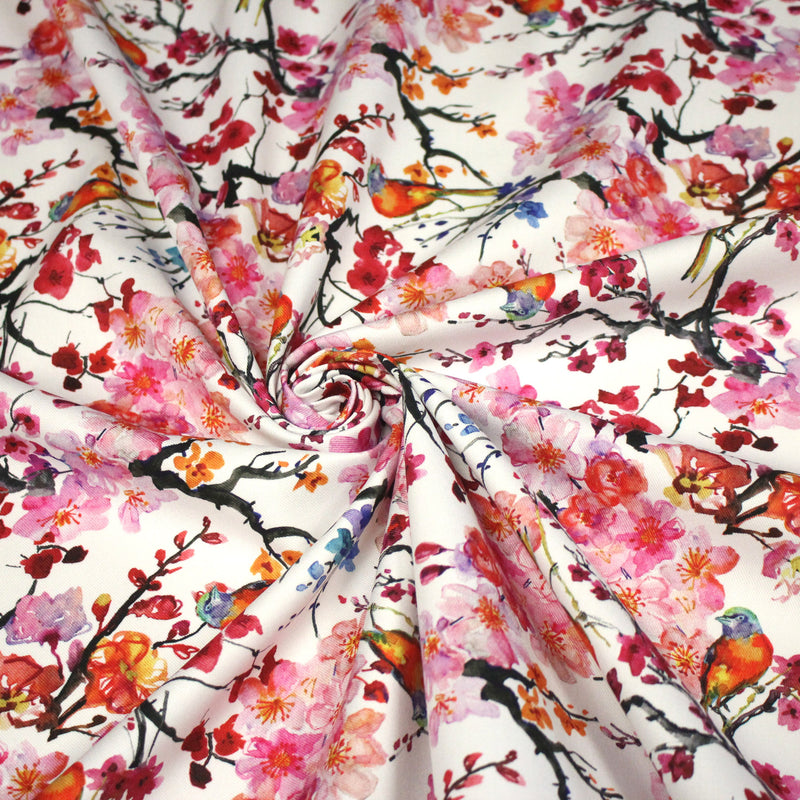 Tissu gabardine coton imprimée GUNMA jardin japonais, oiseaux et fleurs de cerisier - OEKO - TEX - TissusPapi.com