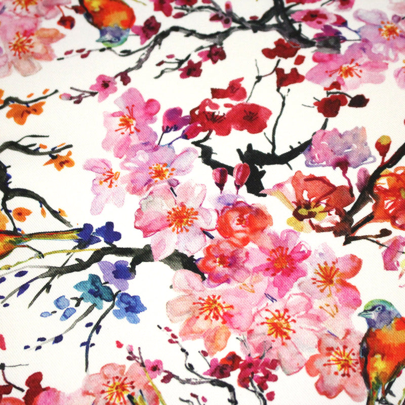 Tissu gabardine coton imprimée GUNMA jardin japonais, oiseaux et fleurs de cerisier - OEKO - TEX - TissusPapi.com