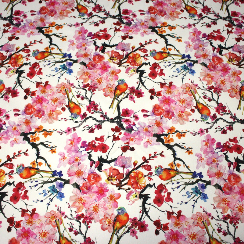 Tissu gabardine coton imprimée GUNMA jardin japonais, oiseaux et fleurs de cerisier - OEKO - TEX - TissusPapi.com