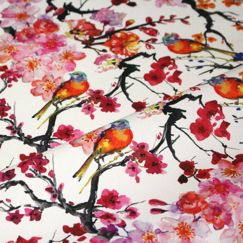 Tissu gabardine coton imprimée GUNMA jardin japonais, oiseaux et fleurs de cerisier - OEKO - TEX - TissusPapi.com