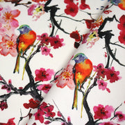 Tissu gabardine coton imprimée GUNMA jardin japonais, oiseaux et fleurs de cerisier - OEKO - TEX - TissusPapi.com