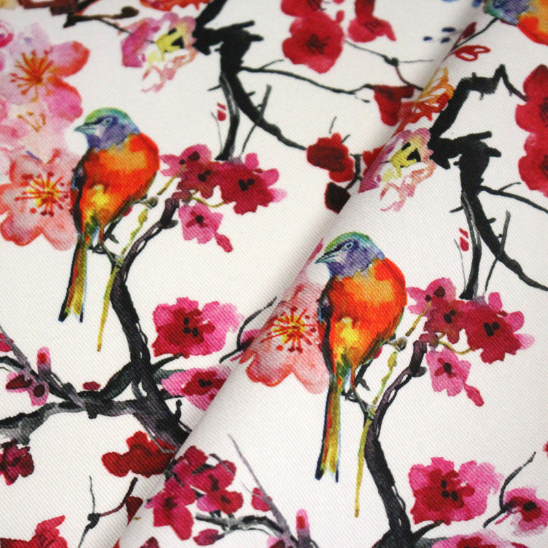 Tissu gabardine coton imprimée GUNMA jardin japonais, oiseaux et fleurs de cerisier - OEKO - TEX - TissusPapi.com