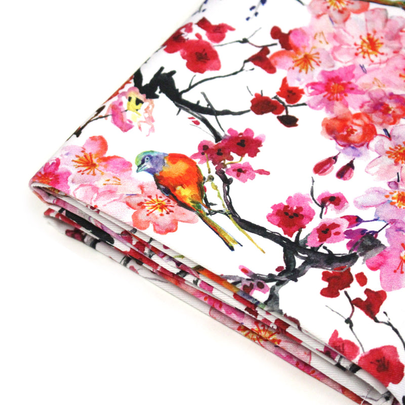 Tissu gabardine coton imprimée GUNMA jardin japonais, oiseaux et fleurs de cerisier - OEKO - TEX - TissusPapi.com