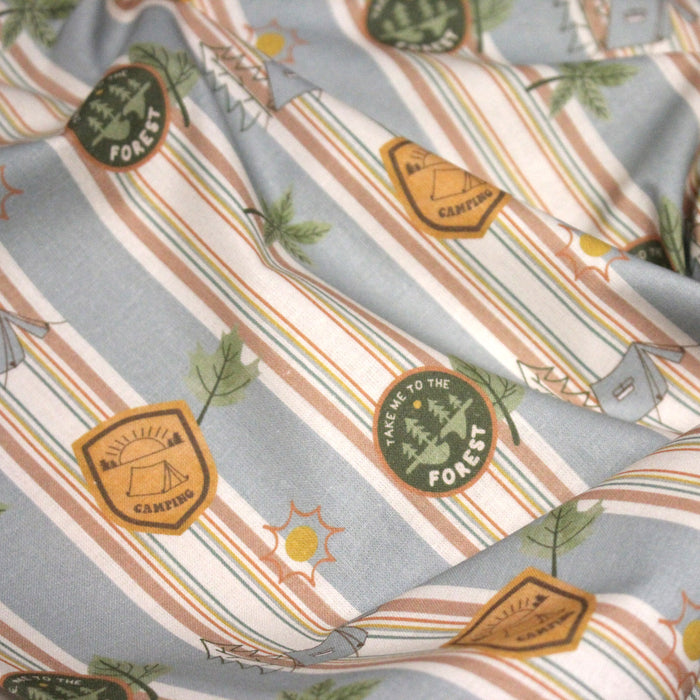 Tissu cotonnade motif CAMPING & belles rayures colorées - STANDARD 100 OEKO - TEX - TissusPapi.com