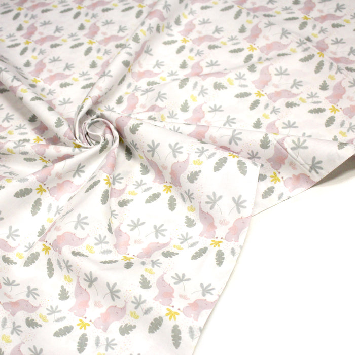 Tissu cotonnade enfant blanc aux éléphants & feuilles tropicales - STANDARD 100 OEKO - TEX - TissusPapi.com