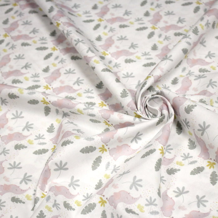 Tissu cotonnade enfant blanc aux éléphants & feuilles tropicales - STANDARD 100 OEKO - TEX - TissusPapi.com