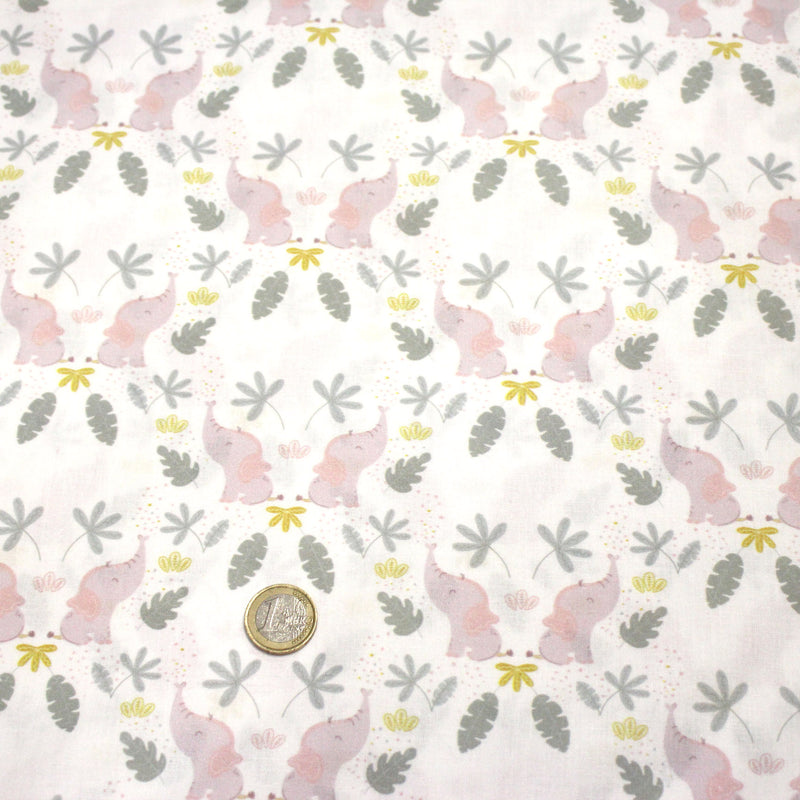 Tissu cotonnade enfant blanc aux éléphants & feuilles tropicales - STANDARD 100 OEKO - TEX - TissusPapi.com