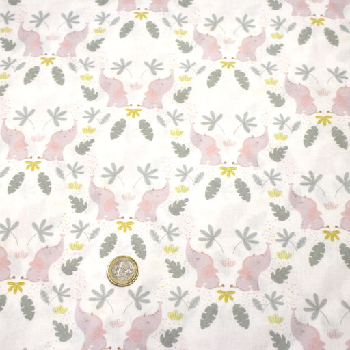 Tissu cotonnade enfant blanc aux éléphants & feuilles tropicales - STANDARD 100 OEKO - TEX - TissusPapi.com