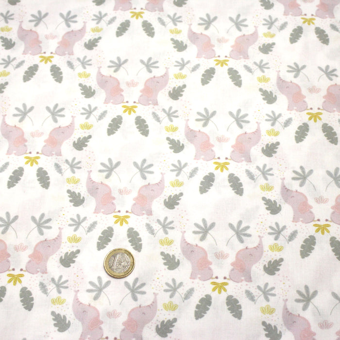 Tissu cotonnade enfant blanc aux éléphants & feuilles tropicales - STANDARD 100 OEKO - TEX - TissusPapi.com
