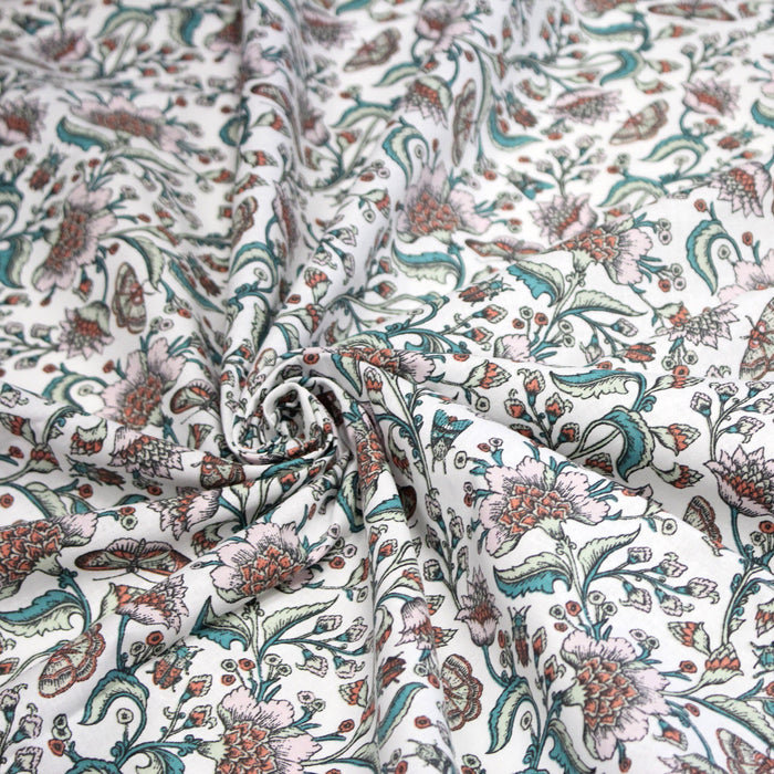 Tissu coton KALAMKARI aux fleurs indiennes roses et rouille, grande largeur 280cm