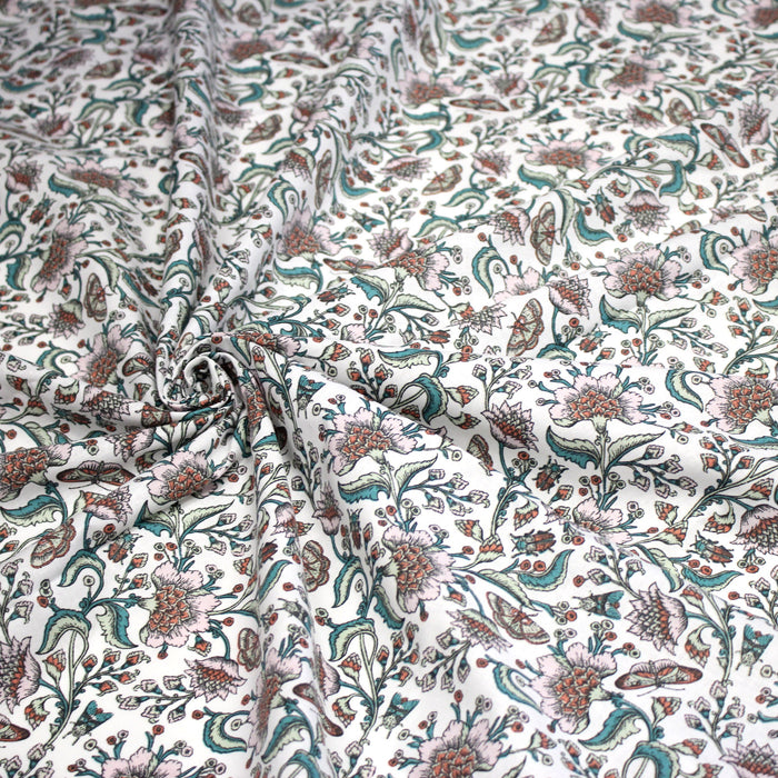 Tissu coton KALAMKARI aux fleurs indiennes roses et rouille, grande largeur 280cm