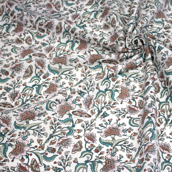 Tissu coton KALAMKARI aux fleurs indiennes roses et rouille, grande largeur 280cm