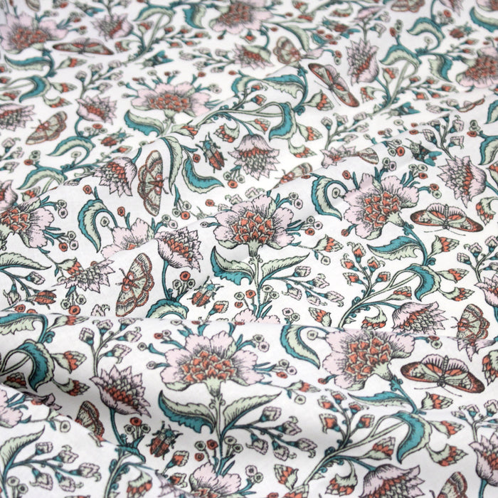 Tissu coton KALAMKARI aux fleurs indiennes roses et rouille, grande largeur 280cm