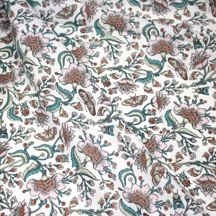 Tissu coton KALAMKARI aux fleurs indiennes roses et rouille, grande largeur 280cm