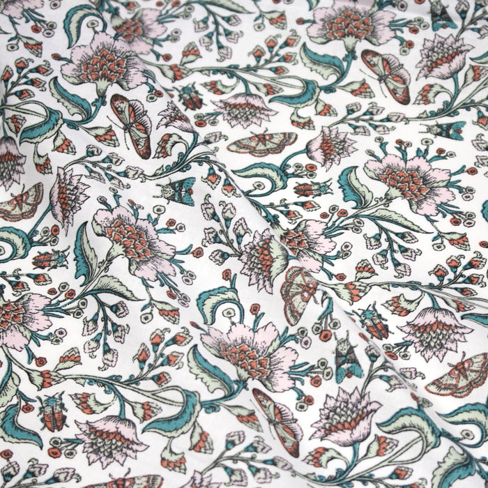 Tissu coton KALAMKARI aux fleurs indiennes roses et rouille, grande largeur 280cm