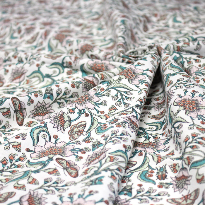 Tissu coton KALAMKARI aux fleurs indiennes roses et rouille, grande largeur 280cm