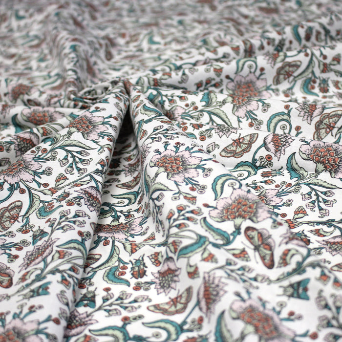 Tissu coton KALAMKARI aux fleurs indiennes roses et rouille, grande largeur 280cm