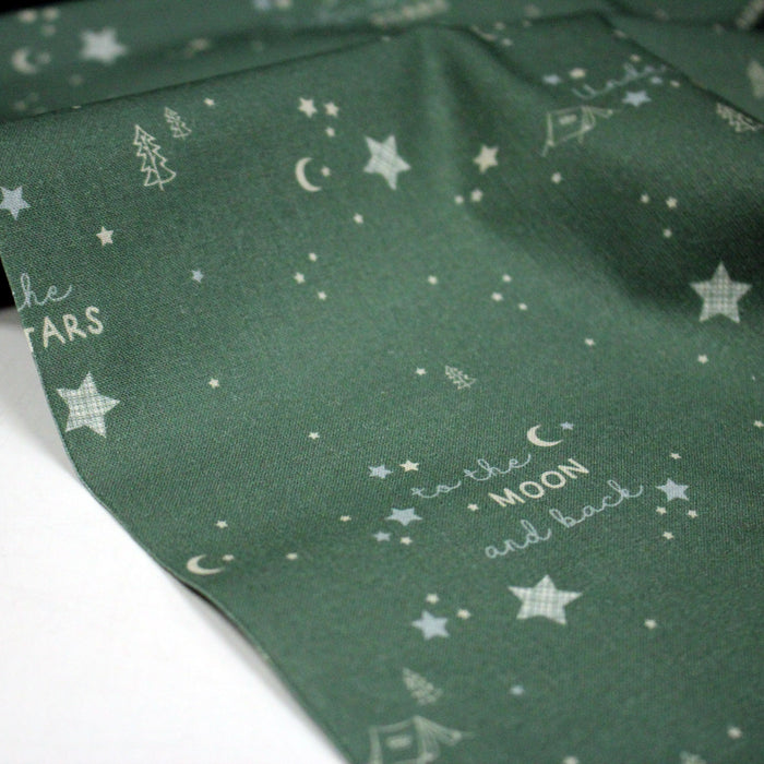 Tissu cotonnade vert TO THE MOON AND BACK - STANDARD 100 OEKO - TEX - TissusPapi.com