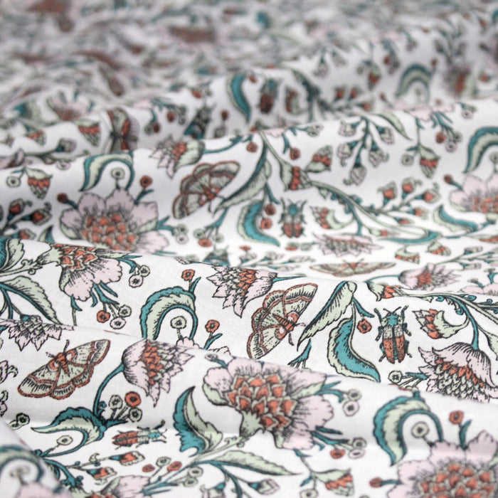 Tissu coton KALAMKARI aux fleurs indiennes roses et rouille, grande largeur 280cm