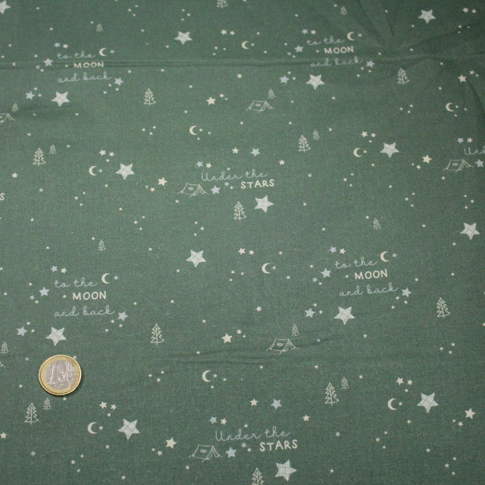Tissu cotonnade vert TO THE MOON AND BACK - STANDARD 100 OEKO - TEX - TissusPapi.com