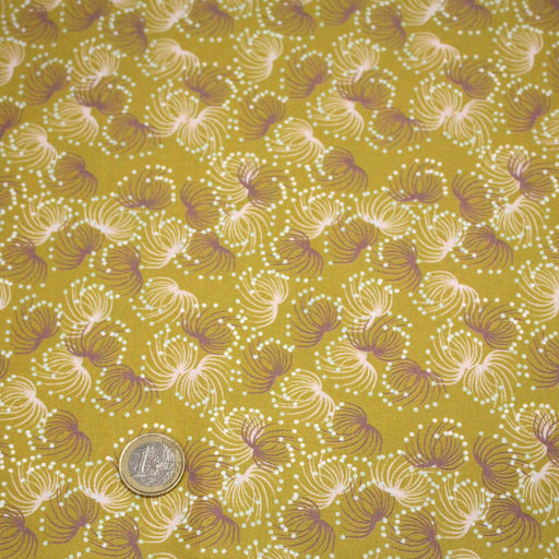 Tissu cotonnade jaune aux coraux violets et roses - STANDARD 100 OEKO - TEX - TissusPapi.com