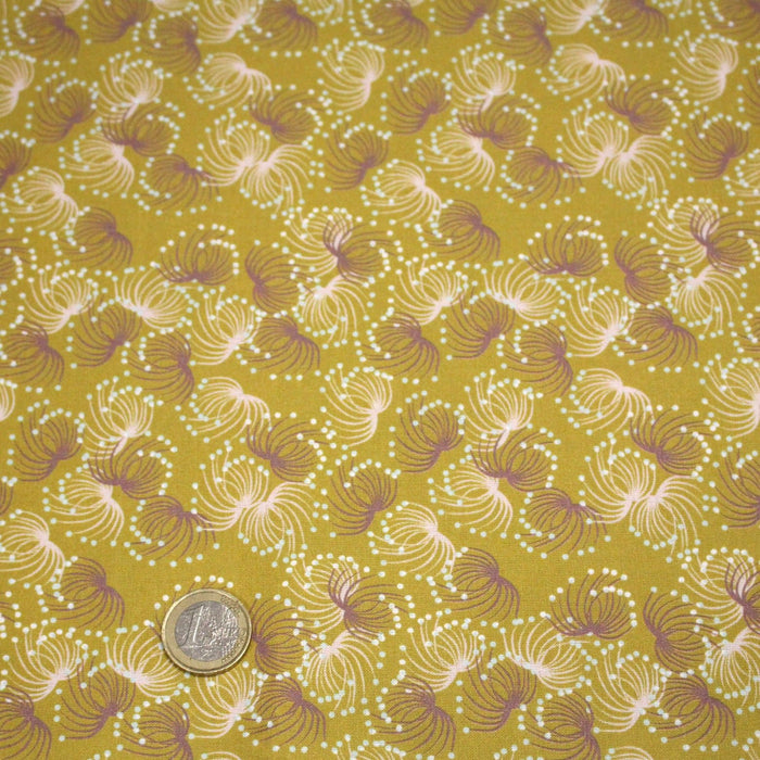 Tissu cotonnade jaune aux coraux violets et roses - STANDARD 100 OEKO - TEX - TissusPapi.com