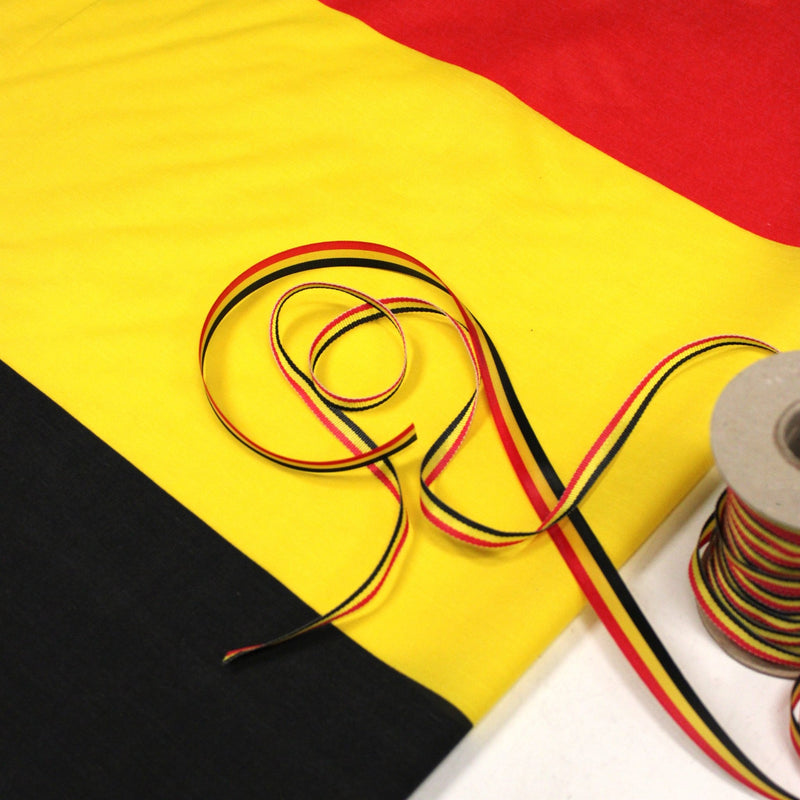 Drapeau belge 80 cm & rubans belges au mètre – Noir, jaune, rouge, ALLEZ LES BELGES ! - TissusPapi.com