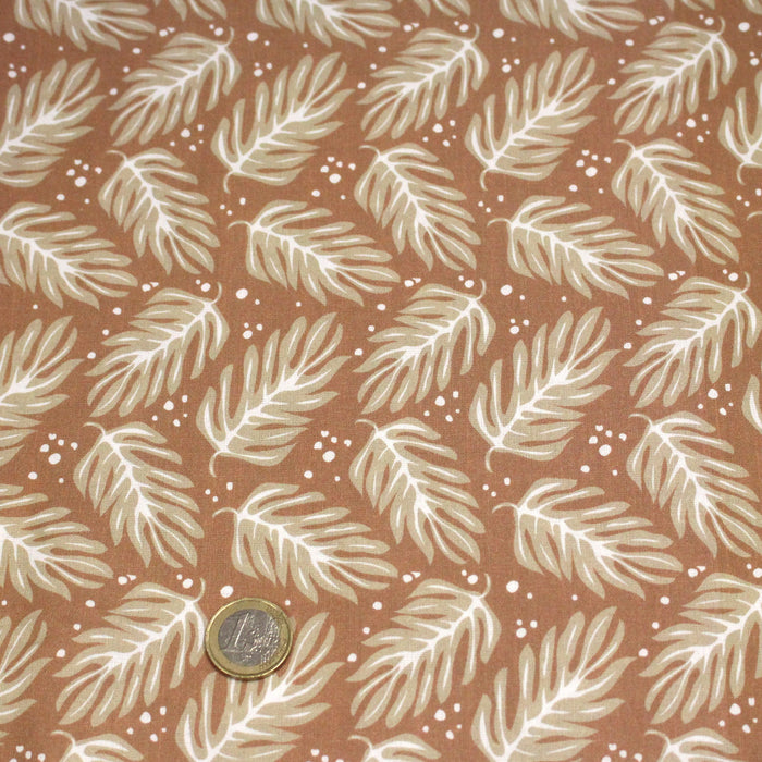 Tissu cotonnade caramel aux feuilles tropicales - STANDARD 100 OEKO - TEX - TissusPapi.com