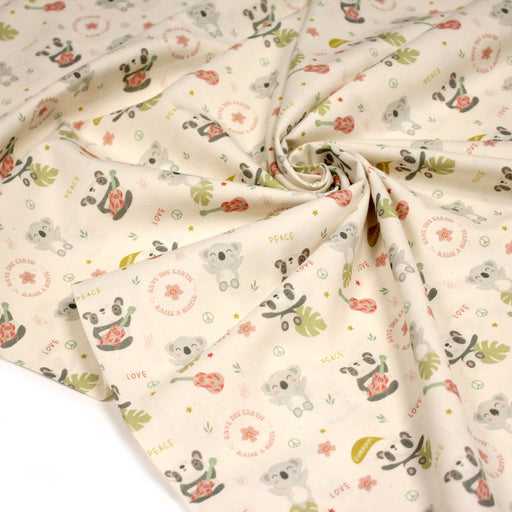 Tissu cotonnade écru, Koalas pandas et ukuleles - STANDARD 100 OEKO - TEX - TissusPapi.com