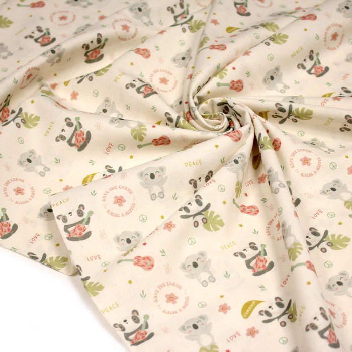 Tissu cotonnade écru, Koalas pandas et ukuleles - STANDARD 100 OEKO - TEX - TissusPapi.com