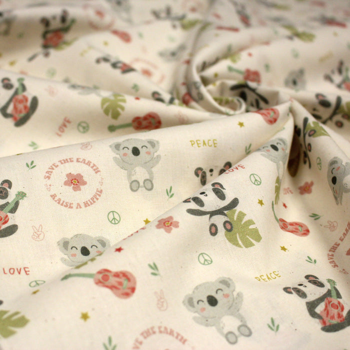 Tissu cotonnade écru, Koalas pandas et ukuleles - STANDARD 100 OEKO - TEX - TissusPapi.com