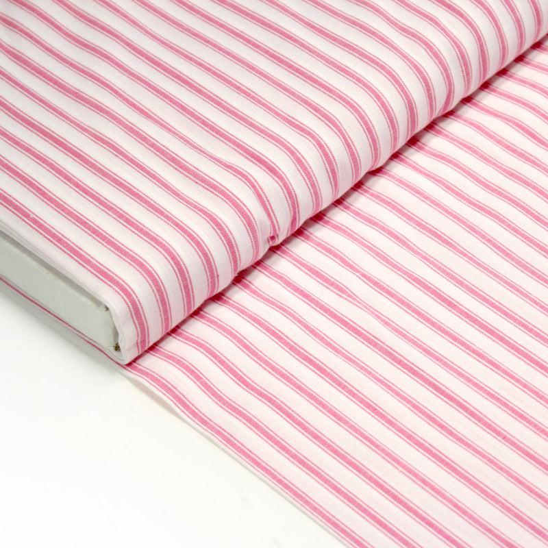 Tissu cotonnade rayée : blanc & rayures roses - TissusPapi.com