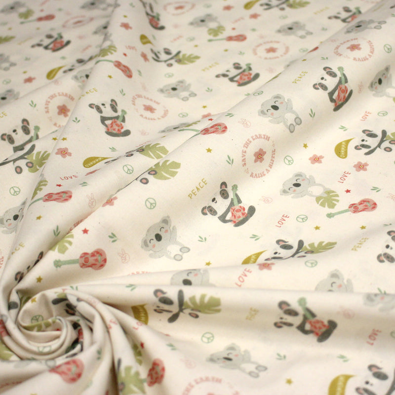 Tissu cotonnade écru, Koalas pandas et ukuleles - STANDARD 100 OEKO - TEX - TissusPapi.com