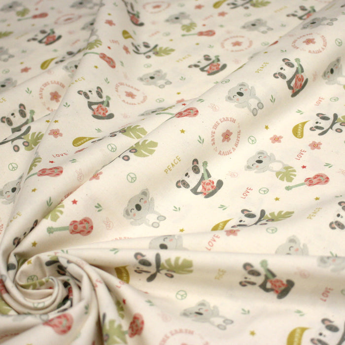 Tissu cotonnade écru, Koalas pandas et ukuleles - STANDARD 100 OEKO - TEX - TissusPapi.com