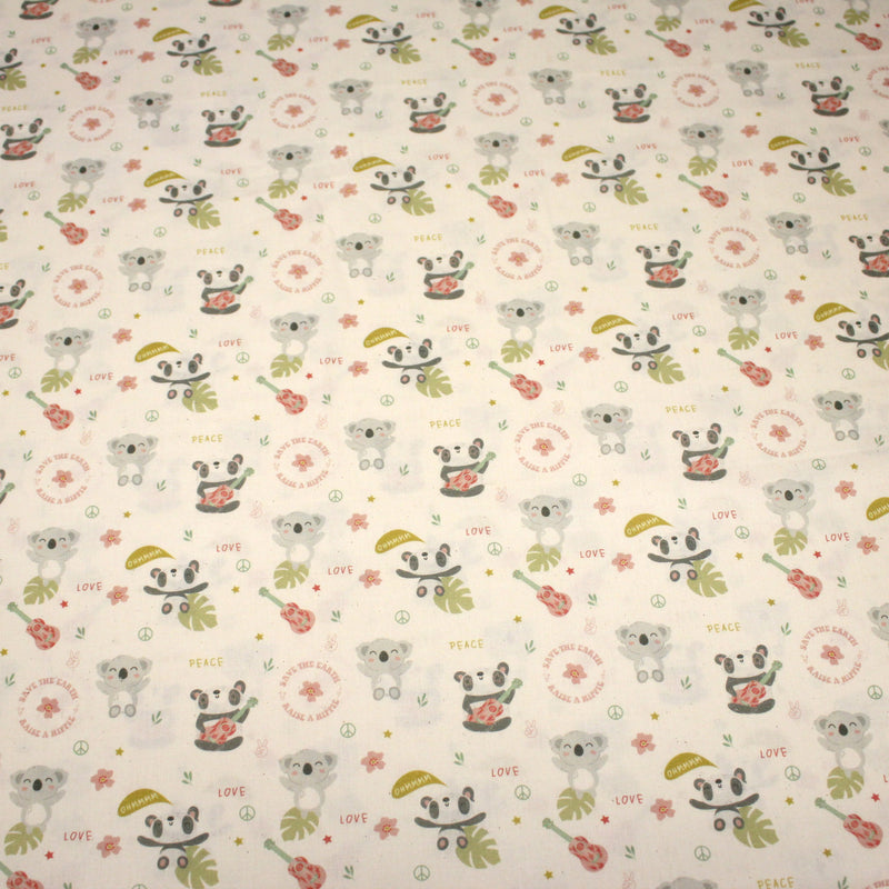 Tissu cotonnade écru, Koalas pandas et ukuleles - STANDARD 100 OEKO - TEX - TissusPapi.com