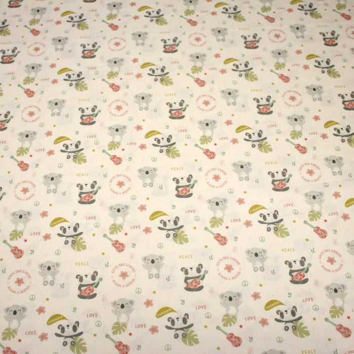 Tissu cotonnade écru, Koalas pandas et ukuleles - STANDARD 100 OEKO - TEX - TissusPapi.com