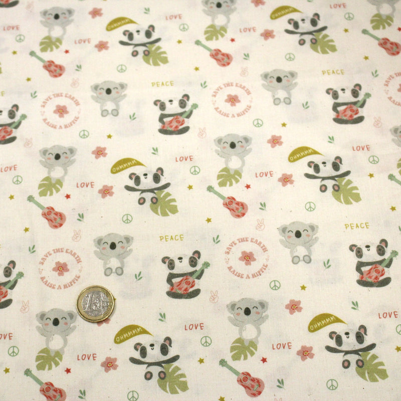 Tissu cotonnade écru, Koalas pandas et ukuleles - STANDARD 100 OEKO - TEX - TissusPapi.com