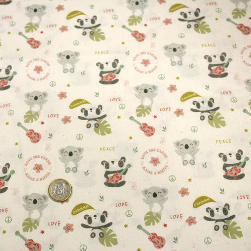 Tissu cotonnade écru, Koalas pandas et ukuleles - STANDARD 100 OEKO - TEX - TissusPapi.com