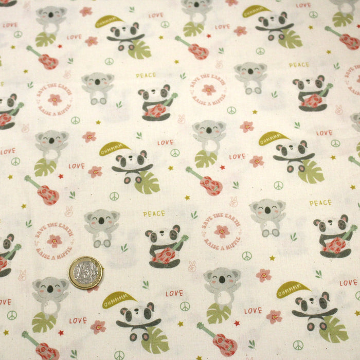 Tissu cotonnade écru, Koalas pandas et ukuleles - STANDARD 100 OEKO - TEX - TissusPapi.com