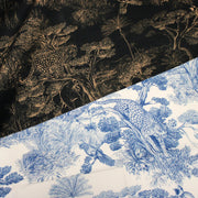 Tissu Toile de Jouy forêt tropicale, singes et léopards : nombreuses couleurs - COLLECTION ANIMALIA, par la maison Thevenon - TissusPapi.com