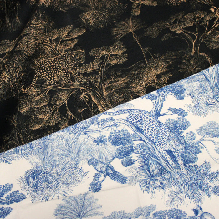 Tissu Toile de Jouy forêt tropicale, singes et léopards : nombreuses couleurs - COLLECTION ANIMALIA, par la maison Thevenon - TissusPapi.com