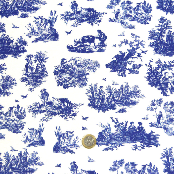 Tissu popeline de coton OBER - Toile de Jouy traditionnelle, fond blanc & motif bleu roi