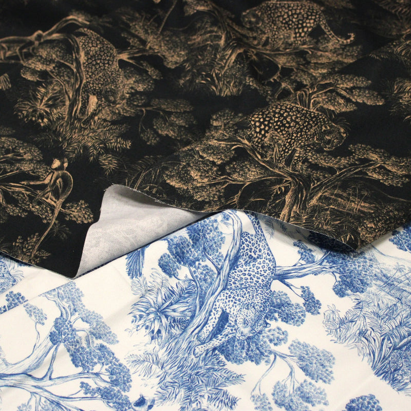 Tissu Toile de Jouy forêt tropicale, singes et léopards : nombreuses couleurs - COLLECTION ANIMALIA, par la maison Thevenon - TissusPapi.com