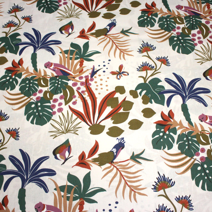 Tissu cotonnade blanc, motif tropical & oiseaux multicolores - STANDARD 100 OEKO - TEX - TissusPapi.com