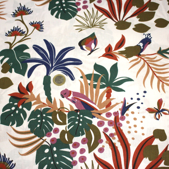 Tissu cotonnade blanc, motif tropical & oiseaux multicolores - STANDARD 100 OEKO - TEX - TissusPapi.com