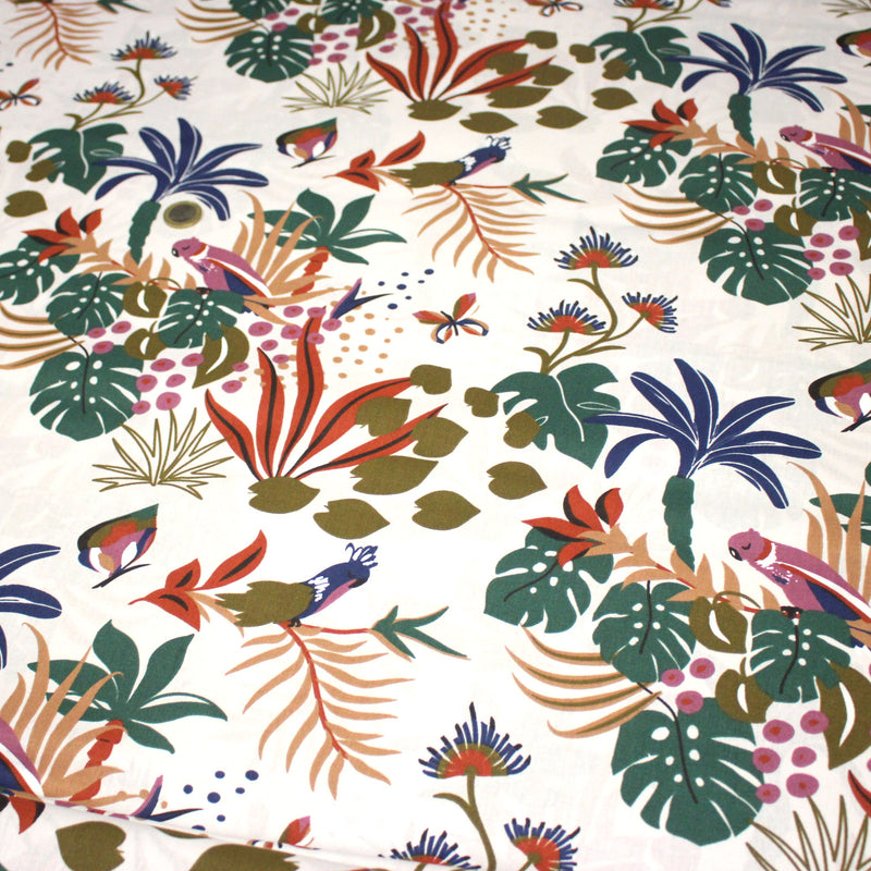 Tissu cotonnade blanc, motif tropical & oiseaux multicolores - STANDARD 100 OEKO-TEX