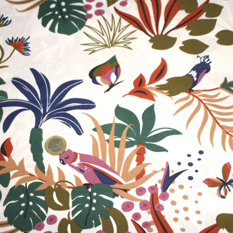 Tissu cotonnade blanc, motif tropical & oiseaux multicolores - STANDARD 100 OEKO - TEX - TissusPapi.com