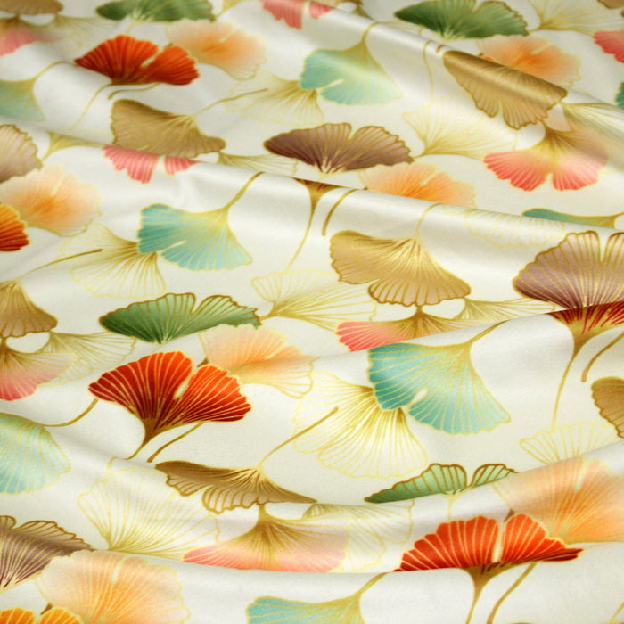 Tissu Velours ras imprimé écru motifs japonais feuilles de gingko biloba multicolores - OEKO-TEX