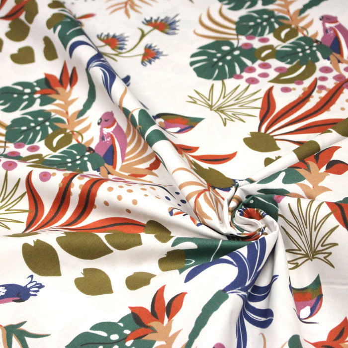 Tissu cotonnade blanc, motif tropical & oiseaux multicolores - STANDARD 100 OEKO - TEX - TissusPapi.com